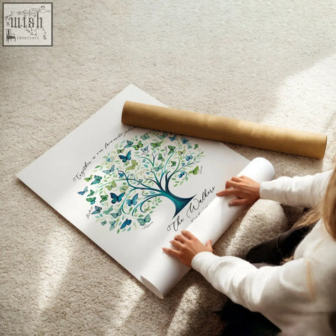 A vibrant green and blue family tree print with butterflies personalized with the walkers for botanical wall art