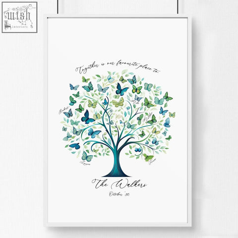 A framed family tree print with a teal and green stylized tree and butterflies personalized with walker family names