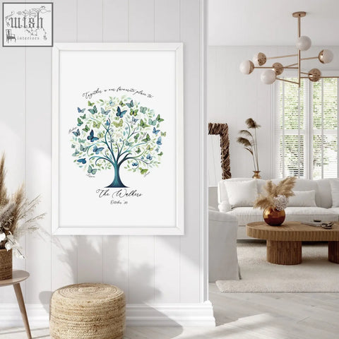 White-framed family tree print with blue and green butterfly design and personalized text for wall art decor