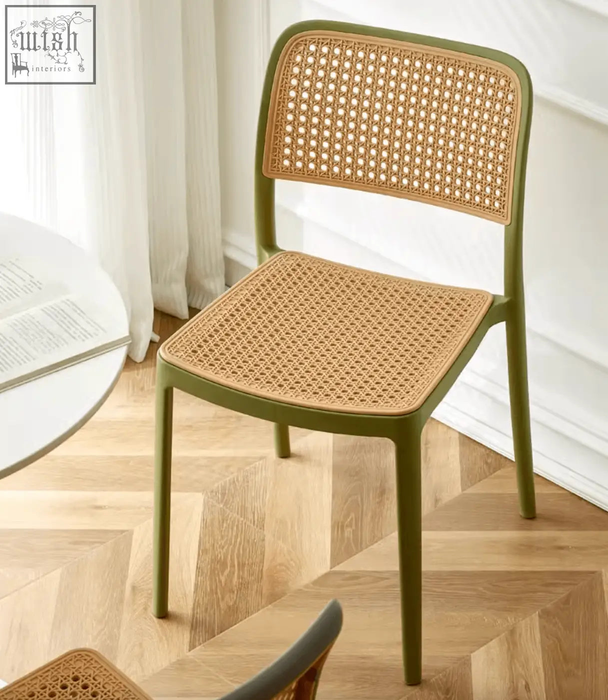 Olive green fanny dining chair with woven natural cane back and seat perfect for dining chair use
