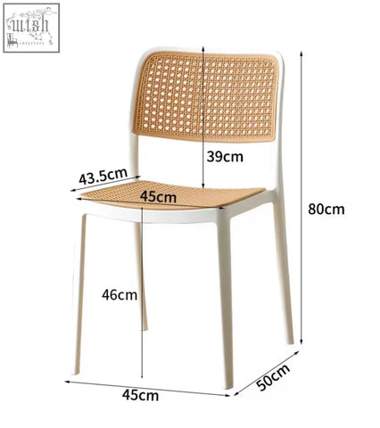 White plastic fanny dining chair with woven natural cane back and seat perfect for casual dining spaces