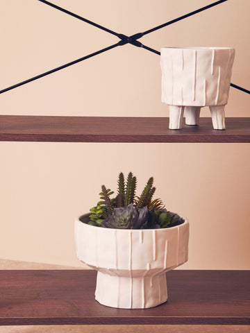 White ceramic fara white vase with vertical ridges and three legs holding a variety of succulents