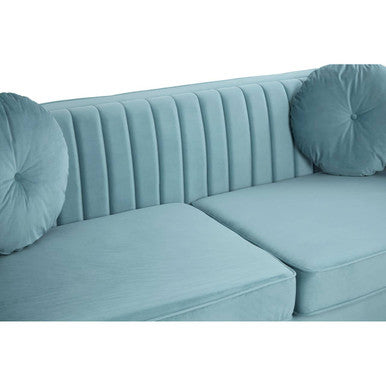 Farah three seater pastel green velvet sofa with light blue velvet tufted back and round cushion pillows