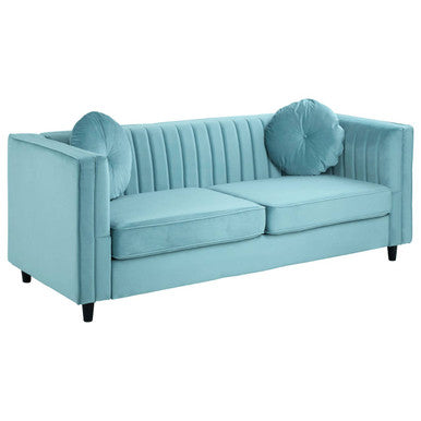 Farah three seater pastel green velvet sofa with tufted back and matching round throw pillows in light blue velvet