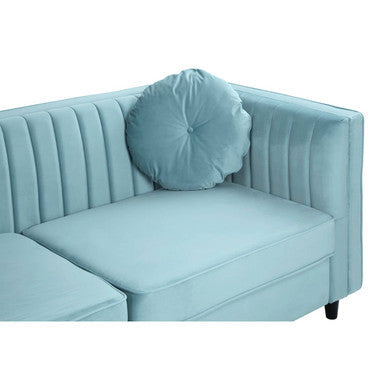 Pastel green velvet farah three seater sofa with tufted design and matching round cushion in light blue velvet