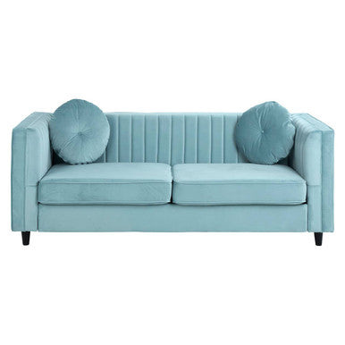 Farah three seater pastel green velvet sofa with tufted round pillows and vertical ribbed back panels in pastel green velvet