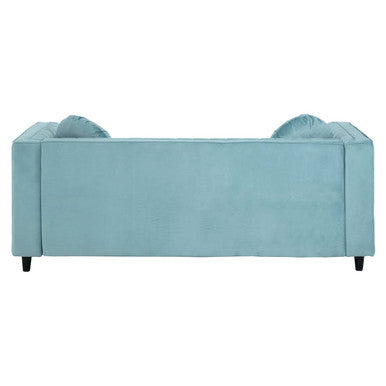 Farah three seater pastel green velvet sofa with sleek tufted back cushions and dark wooden legs
