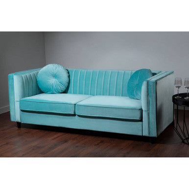 Pastel green velvet farah three seater sofa with tufted back and matching round cushions in green velvet