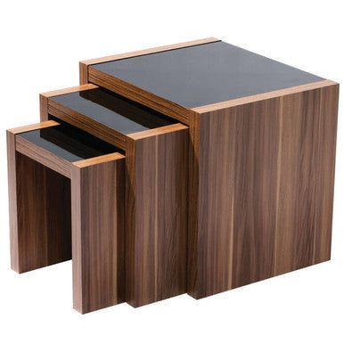 Set of three tables with walnut veneer frames and glossy black glass tops for stylish living spaces