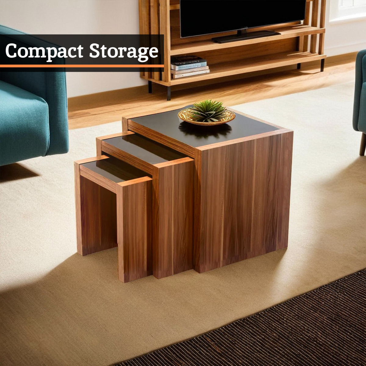 Set of three walnut veneer nesting tables with black glass tops in a stylish compact design