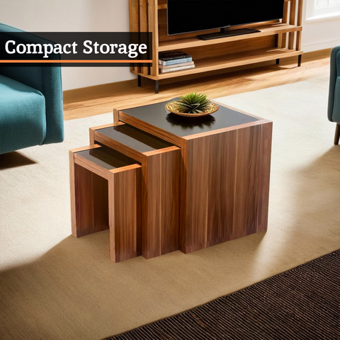 Set of three walnut veneer nesting tables with black glass tops in a stylish compact design