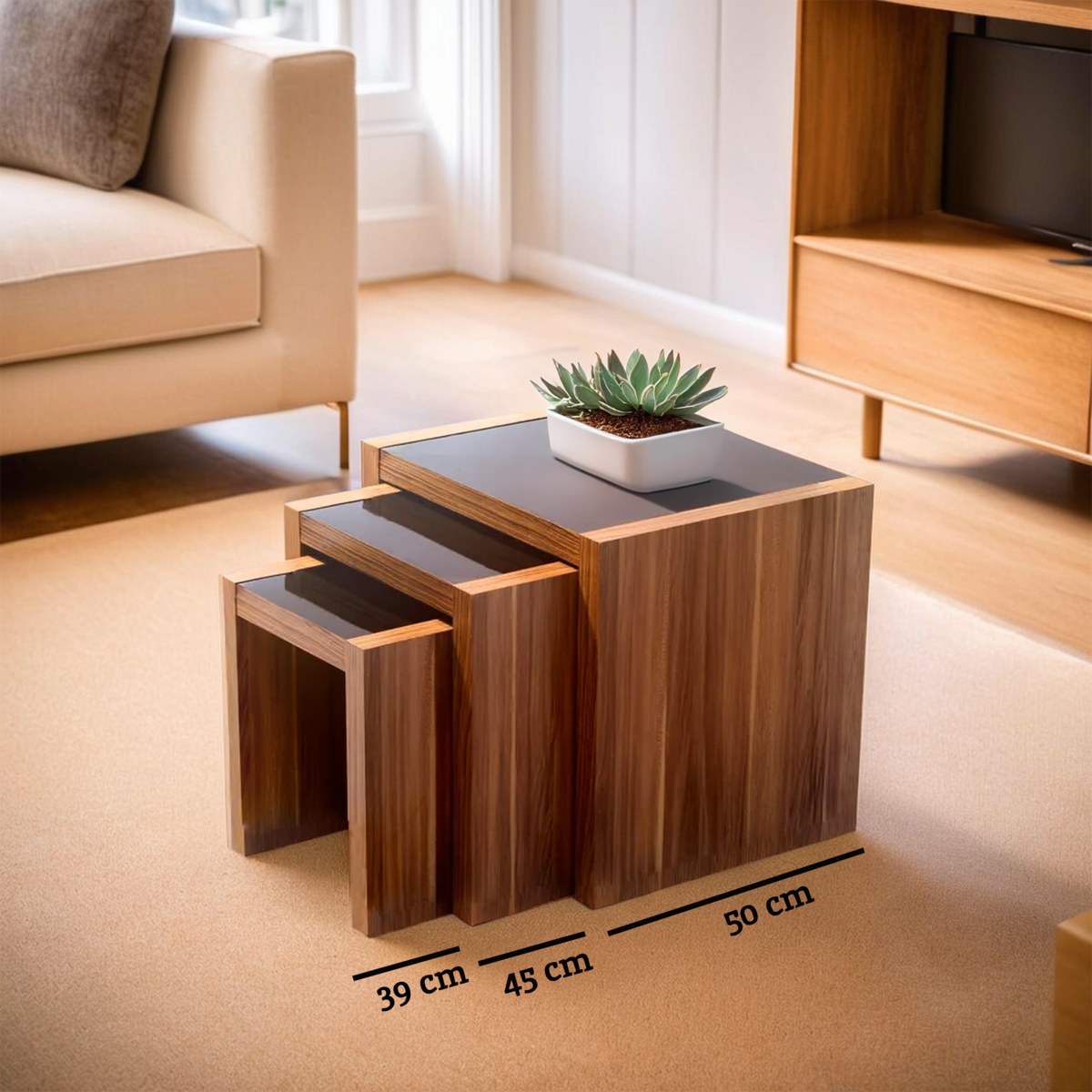Set of three tables with walnut veneer and dark glass tops featuring warm wood grain finish and nesting design