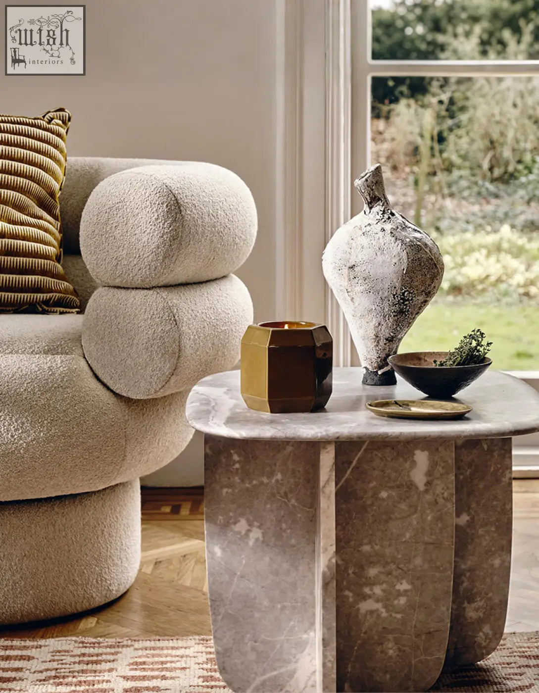 Farina side table in white natural stone marble with sleek geometric legs perfect for modern living rooms and low shipping cost