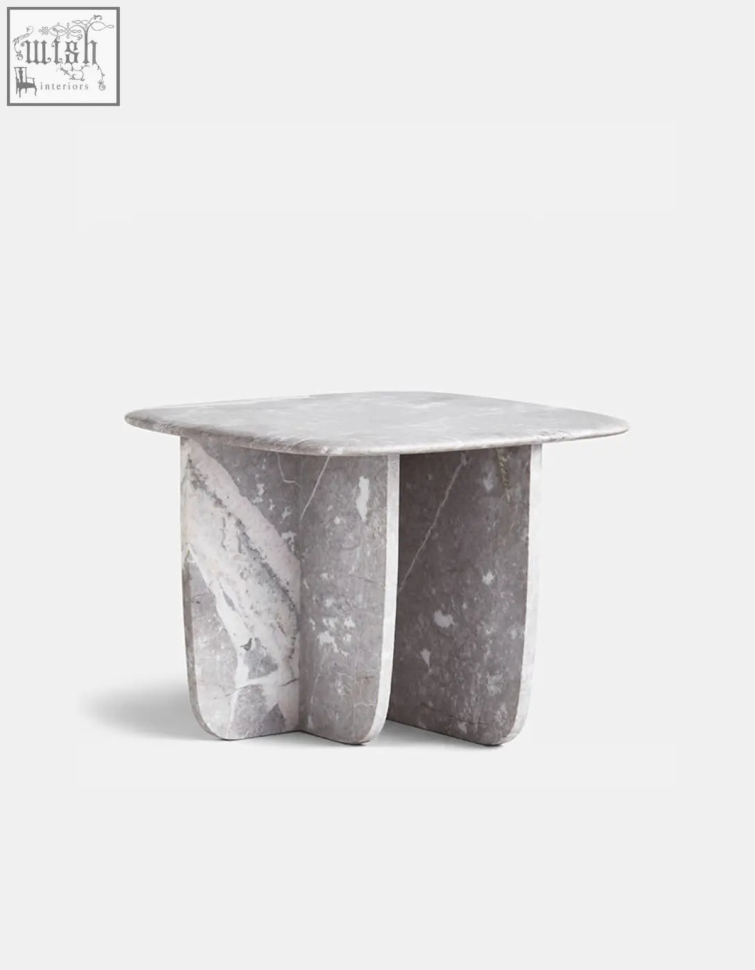 Farina side table with smooth gray natural stone marble top and sculpted base perfect for living rooms with low shipping cost