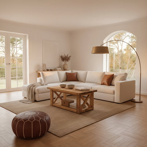 Cream-colored sectional sofa with brown pillows and beige throw near farmhouse coffee table with shelf and farmhouse coffee