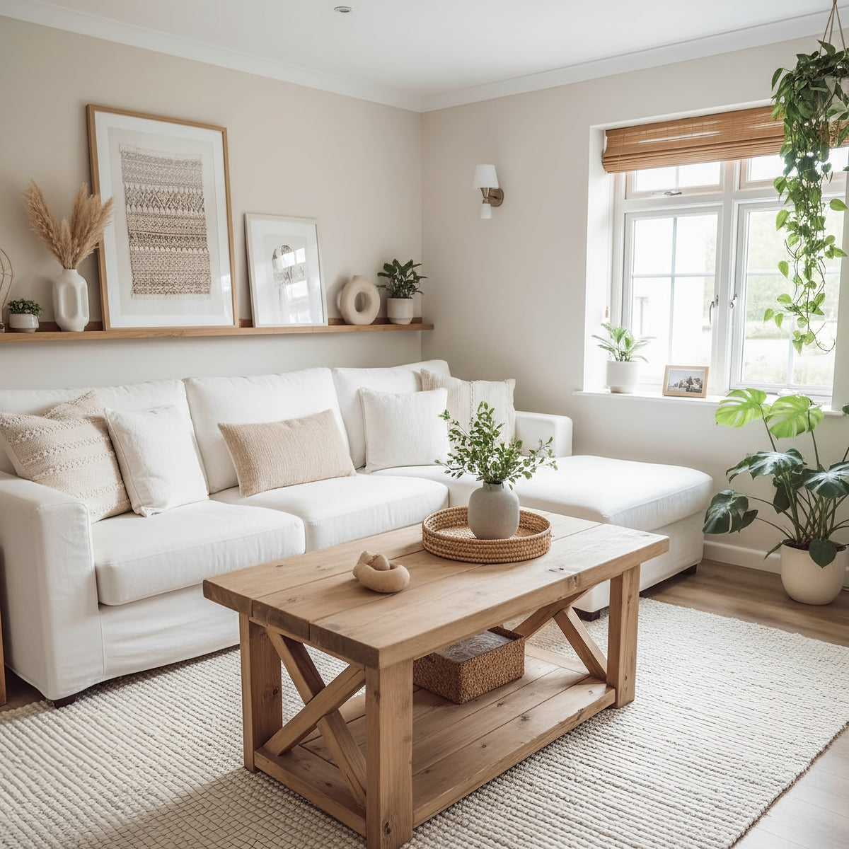 Light brown farmhouse coffee table with rustic x-frame base and natural wood grain finish and shelf below