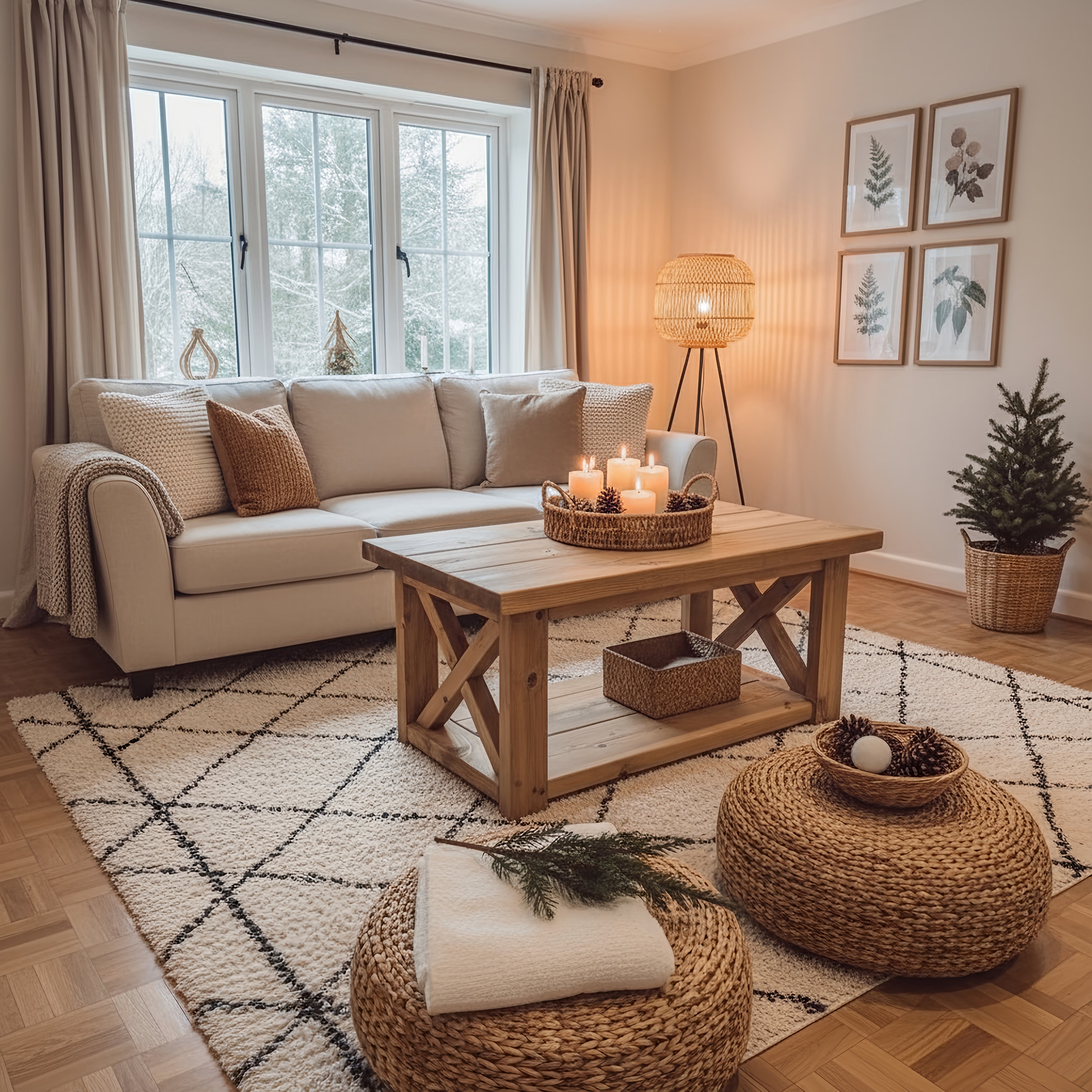 Natural-toned farmhouse coffee table with rustic x-frame design and woven wicker baskets for storage on lower shelf