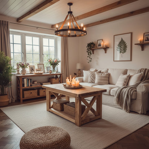 A rustic farmhouse coffee table with natural wood finish x-shaped base and woven wicker baskets underneath
