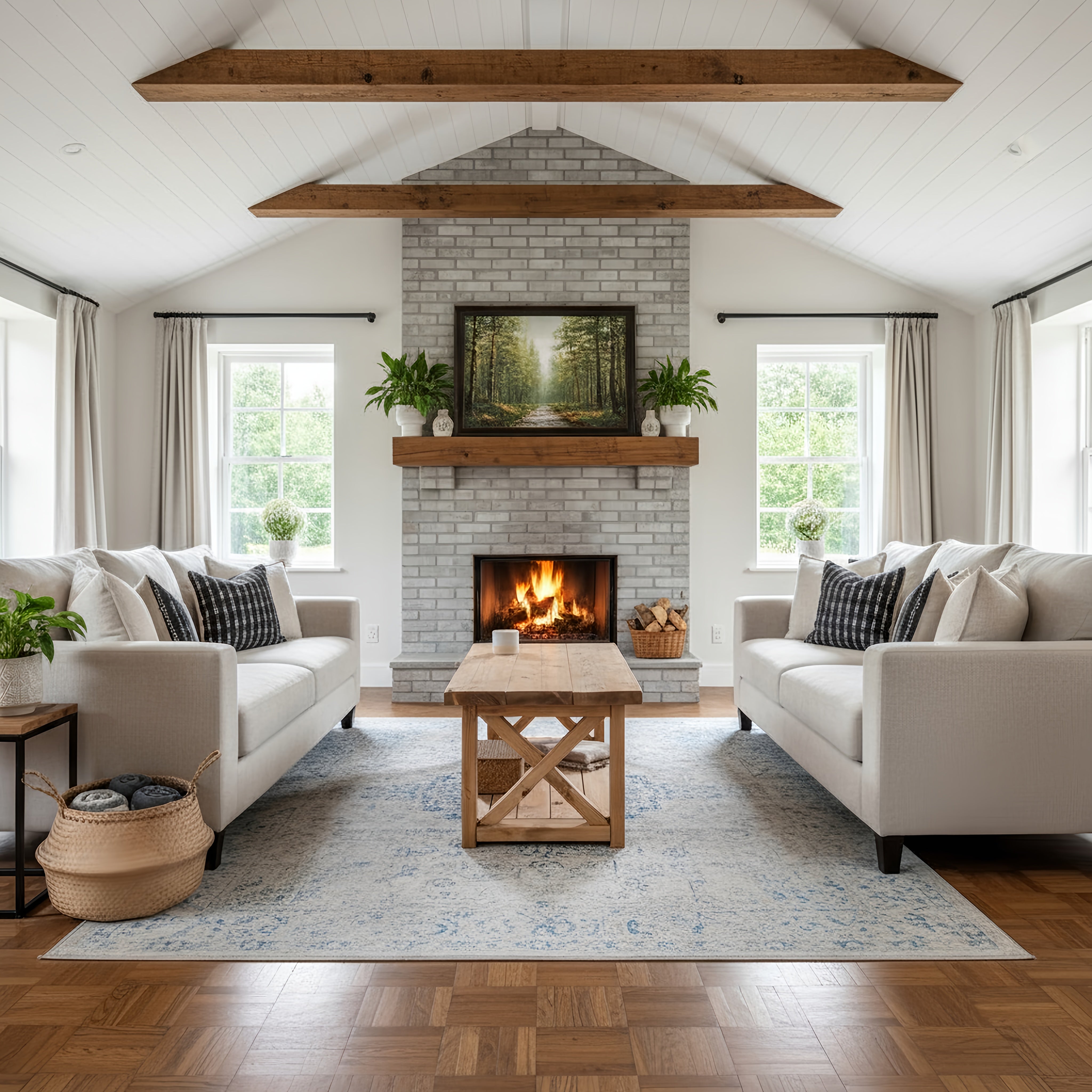 White brick fireplace with wooden mantel and burning fire near a farmhouse coffee table with shelf featured in farmhouse coffee