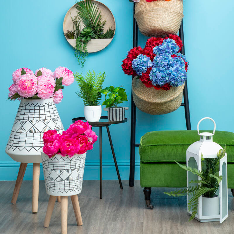 Farol white wash large lantern with white ceramic planter black geometric pattern wooden legs and mild steel frame