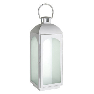 Farol white wash large lantern in silver mild steel with frosted glass panels and a loop handle for easy hanging