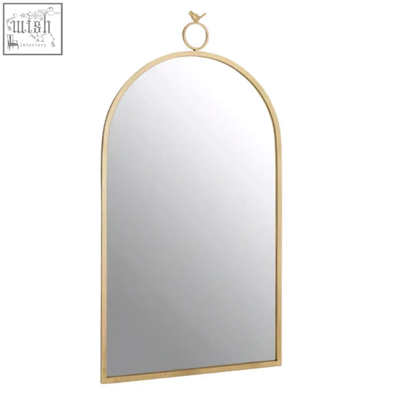 Gold-toned farran bird wall mirror with arched design and delicate bird-shaped ring top wall mirror features