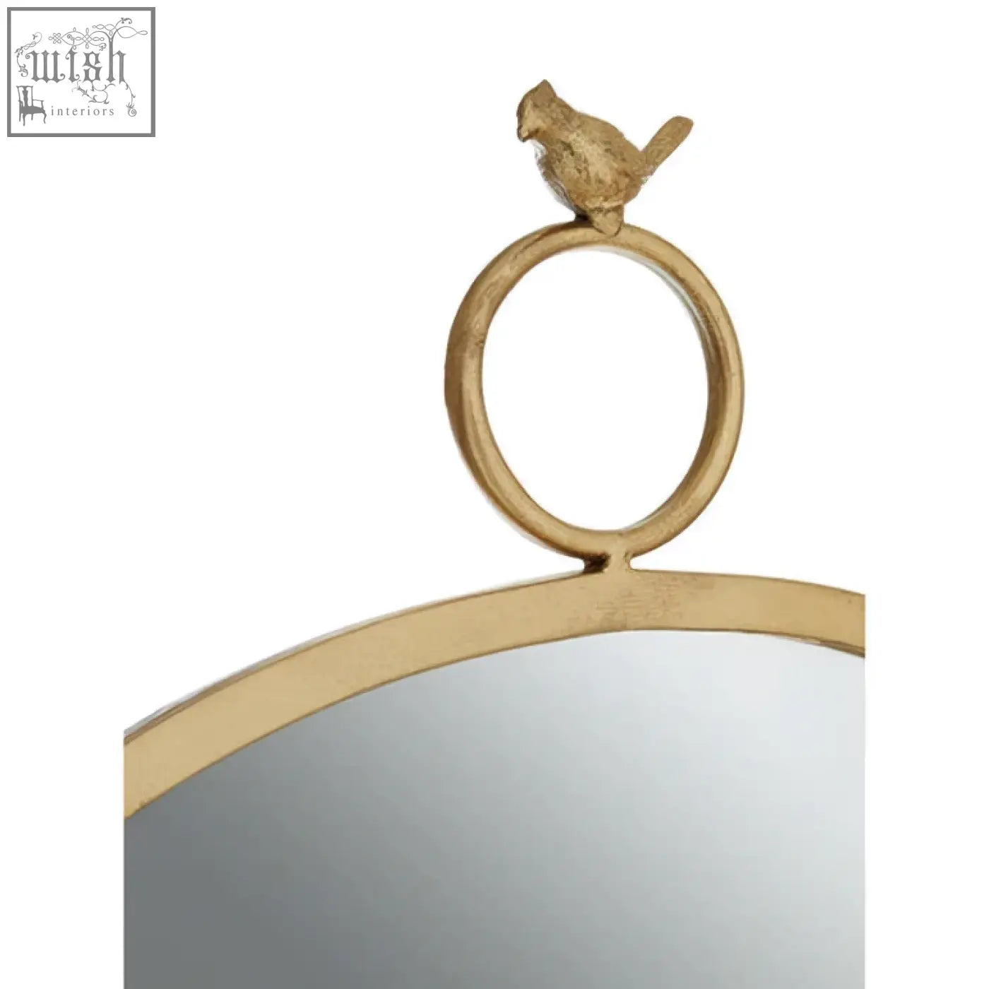 Gold-toned oval farran bird wall mirror with a decorative bird on its circular handle featuring elegant wall mirror features