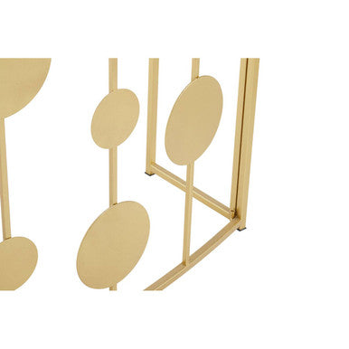 Gold-toned metal geometric sculpture with circular discs and bars on farran champagne gold finish console table with mirror top