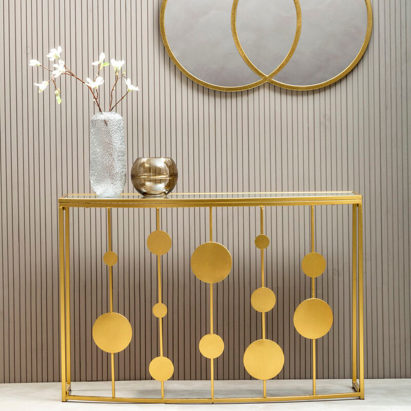Farran champagne gold finish console table with glass top and circular geometric metal design
