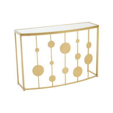 Farran champagne gold finish console table with curved glass top and circular geometric metal cutouts
