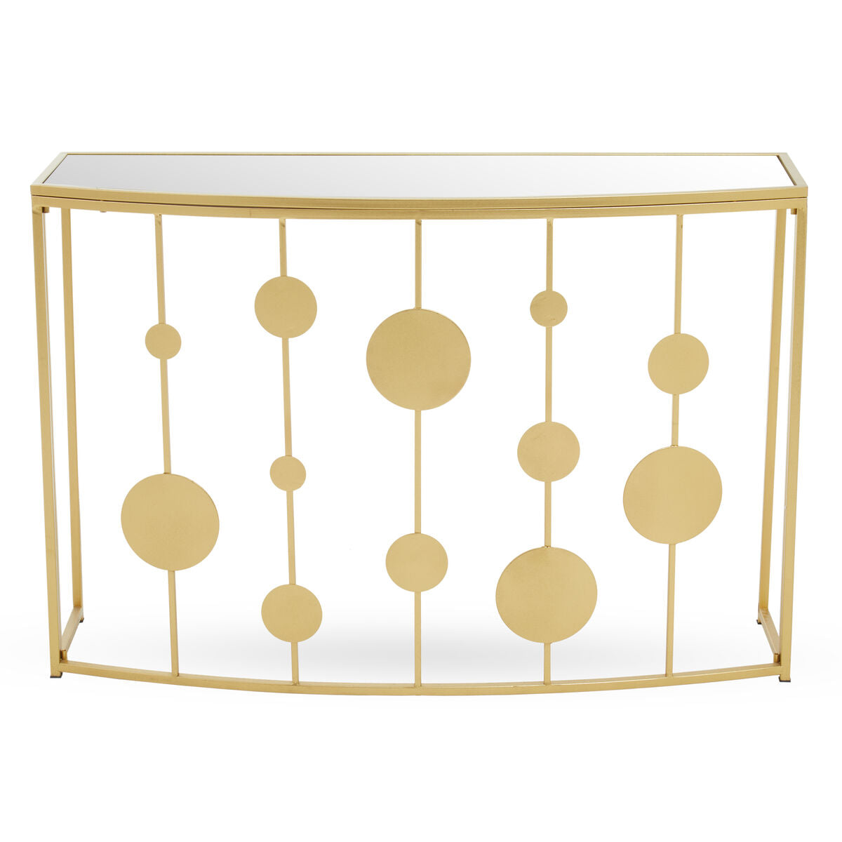 Farran champagne gold finish console table with curved mirrored top and circular geometric metal patterns