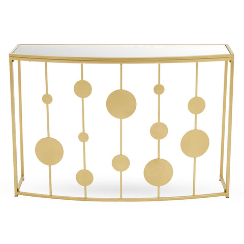 Farran champagne gold finish console table with curved mirrored top and circular geometric metal patterns
