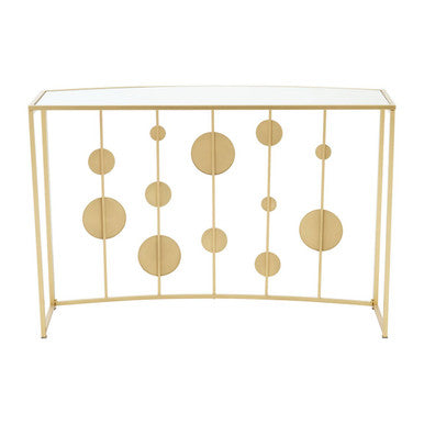 Farran champagne gold finish console table with curved glass top and vertical metal bars with circle cutouts