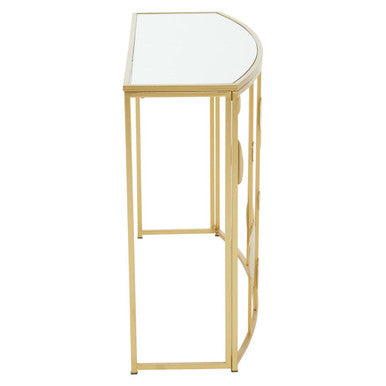 Farran champagne gold finish console table with curved mirrored top and decorative circular cutouts on side panels