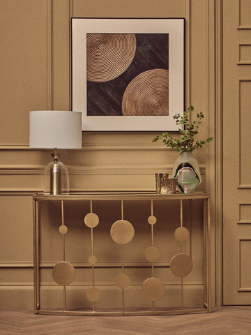 Farran champagne gold finish console table with mirror top featuring gold-toned metal and circular disc accents