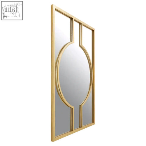Gold-framed farran deco wall mirror with elegant geometric design and central oval motif for stylish wall decor