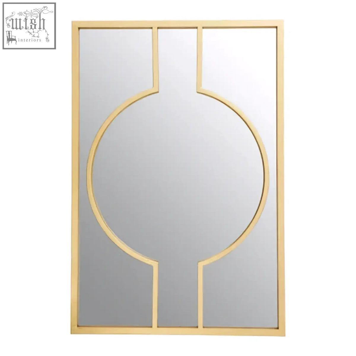 Farran deco wall mirror with gold frame and geometric oval and vertical line design as a stylish deco wall mirror