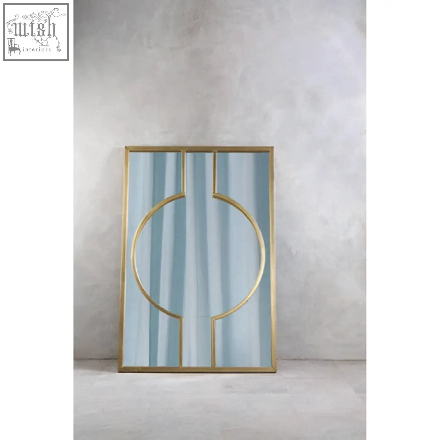 Farran deco wall mirror with gold-toned frame and vertical blue-striped glass panels featuring circular design element
