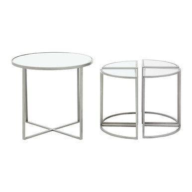Farran set of 5 silver finish tables with silver metal frame and round glass tops in a modern minimalist design