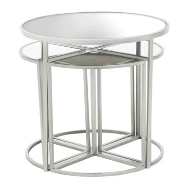 Stacked mirrored nesting tables with a sleek silver metal frame and glass tops in the farran set of 5 silver finish tables