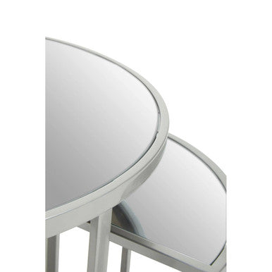 Stainless steel nesting silver finish tables with mirrored circular tops in the sleek farran set of 5