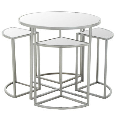 Set of three nested round silver finish tables with mirrored tops and sleek chrome frames from farran set