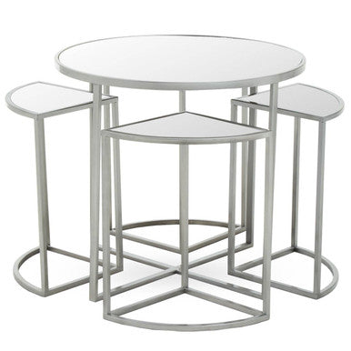 Set of three nested round silver finish tables with mirrored tops and sleek chrome metal frames from Farran set