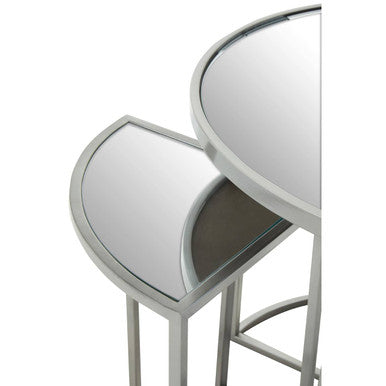 Set of two nesting mirrored side tables with sleek silver finish metal frames and curved glass tops from farran set