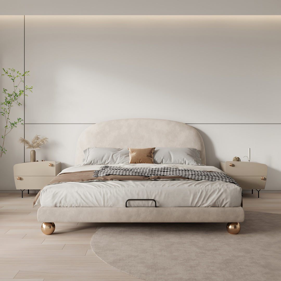 Beige upholstered fatima bed for girl king size with curved headboard and gold spherical feet king size bed