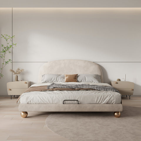 Beige upholstered fatima bed for girl king size with curved headboard and gold spherical feet king size bed