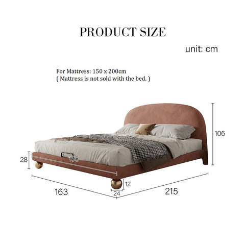 Modern brown upholstered fatima bed king size with curved headboard and brass ball feet for girls size bed