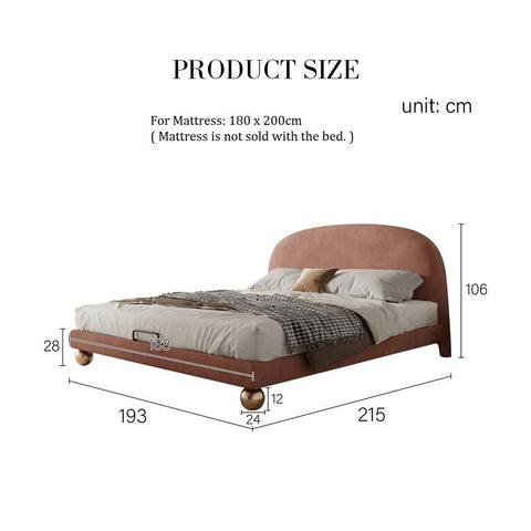 Modern brown upholstered fatima bed king size bed with curved headboard and brass ball feet for girls