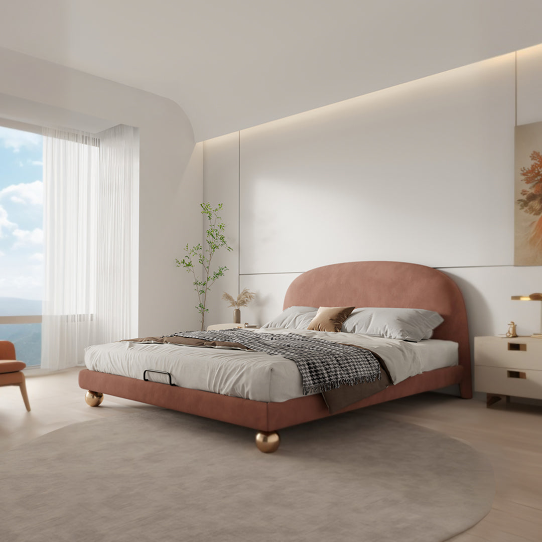 Fatima bed king size plush rose upholstered bed with curved headboard and gold toned spherical feet size bed