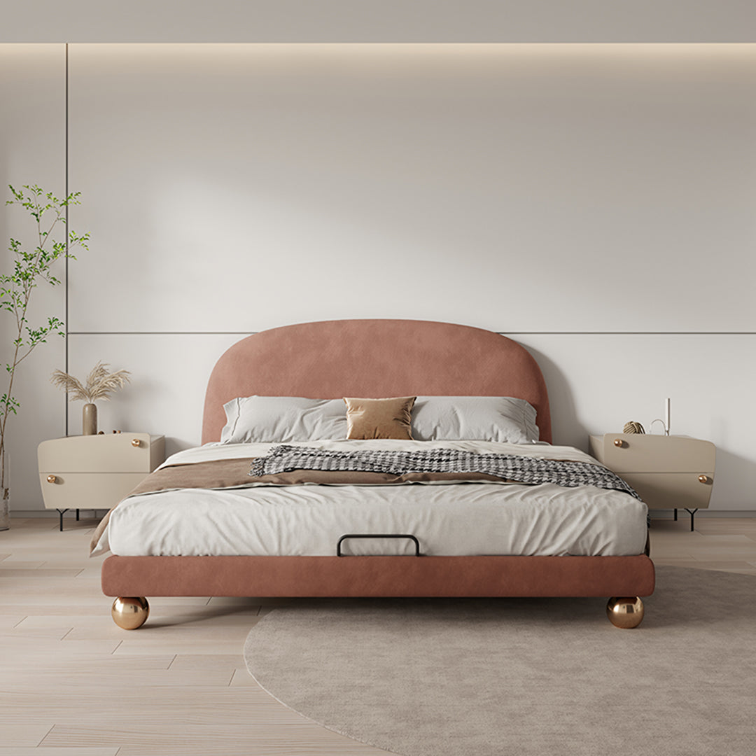Fatima bed king size plush rose gold upholstered size bed with curved headboard and brass feet perfect for girls